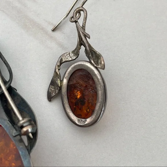Vintage Sterling silver 925 Baltic Amber necklace pendant pin earrings brooch - Picture 3 of 16